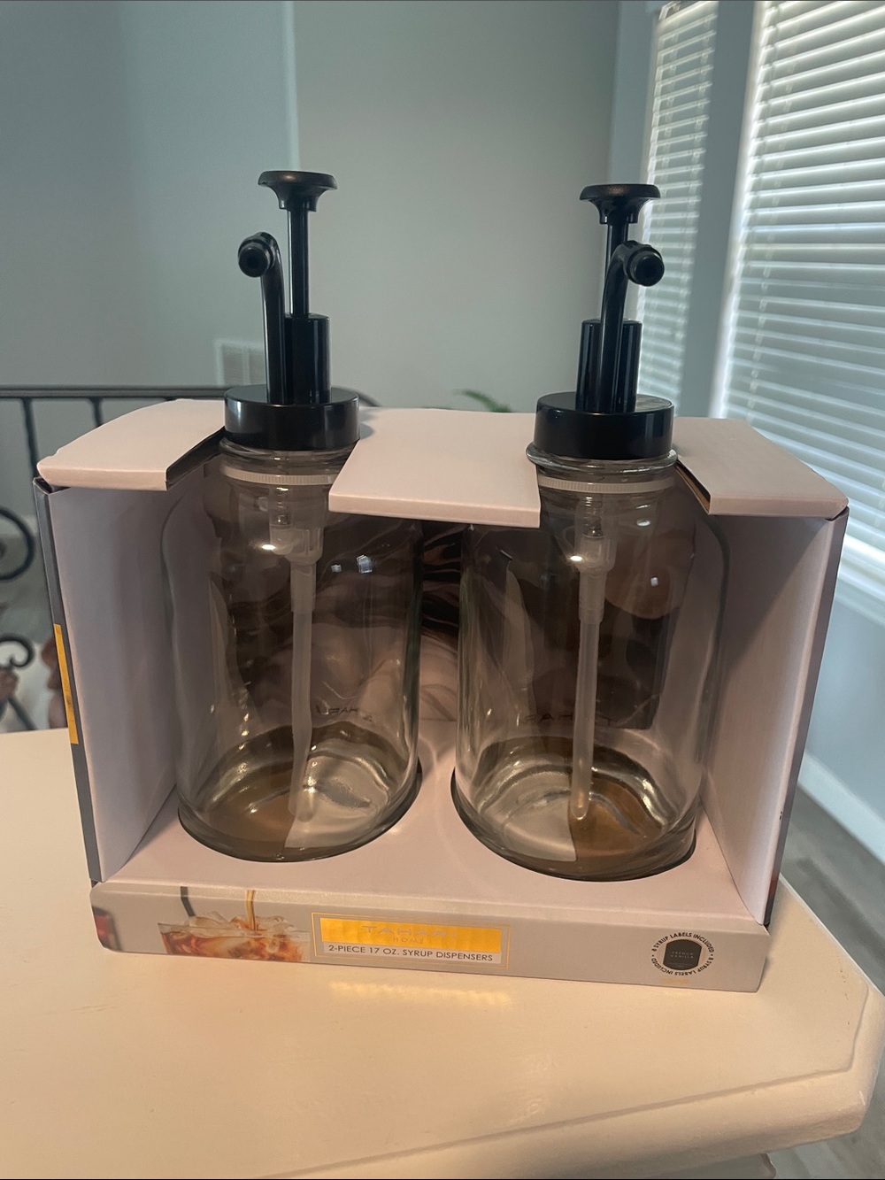 Tahari Clear Glass Syrup Dispensers with Black Pumps and Labels